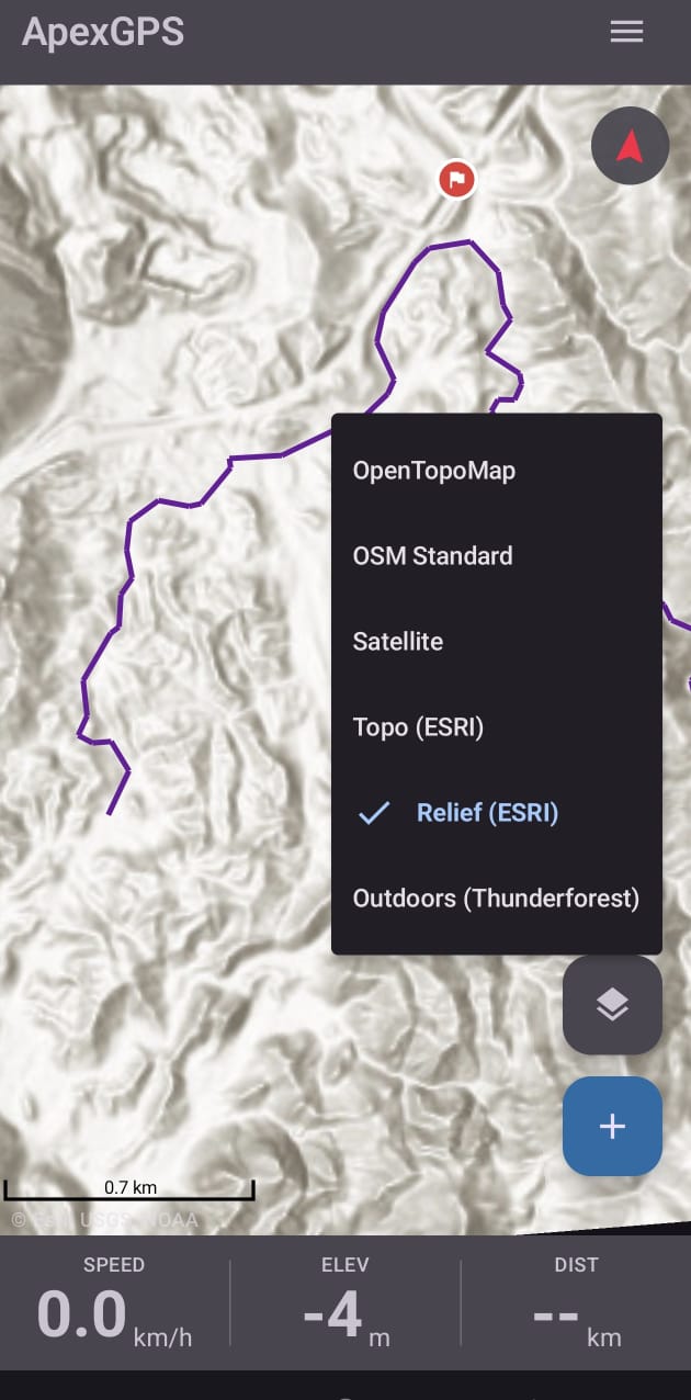 ESRI Relief map with track overlay and tile-source picker