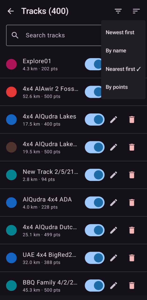 Tracks list with sort menu