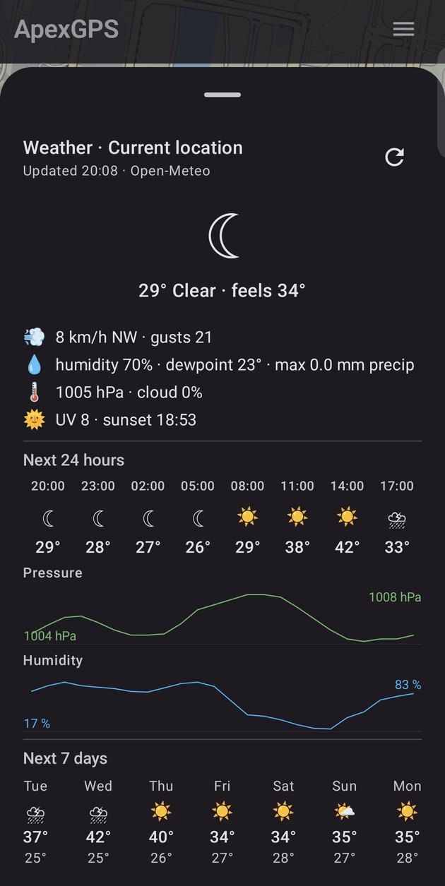 Weather sheet with hourly forecast and 7-day outlook