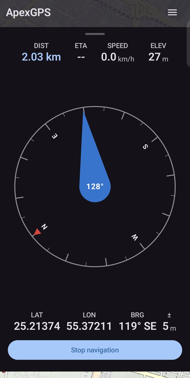 Full-screen navigation compass with target distance and bearing